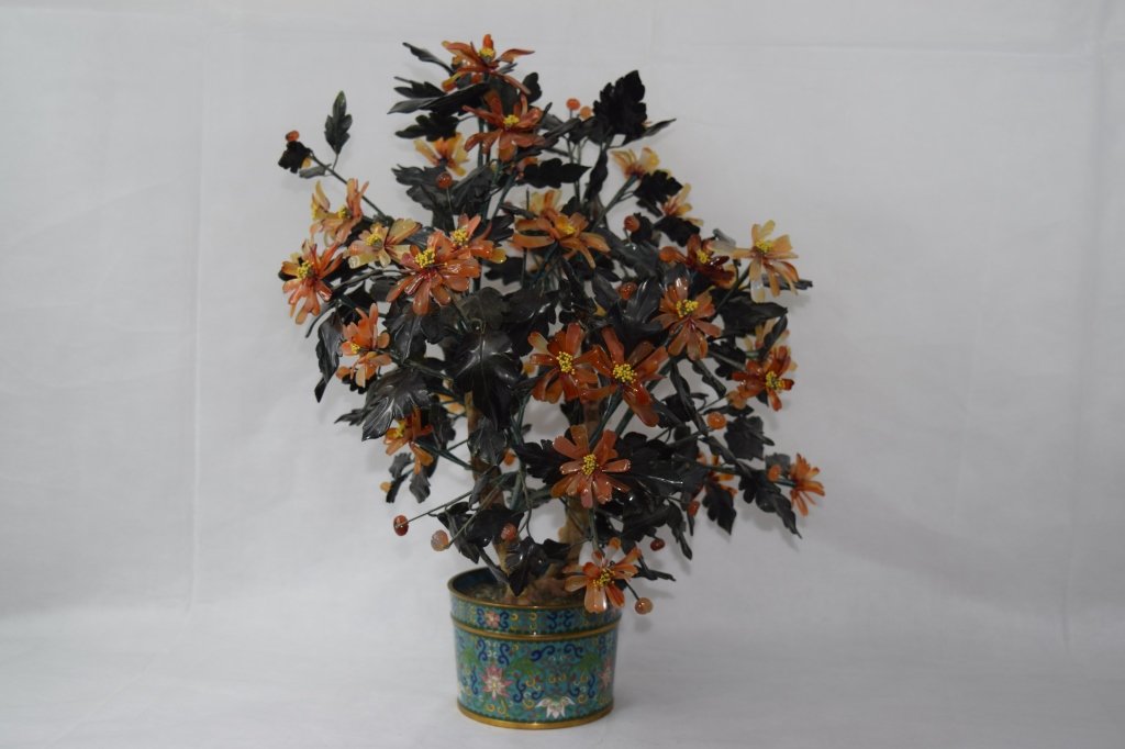 Large Chinese Green Jade and Agate Flower Tree: Beautiful green jade and agate flower tree set in cloisonne flower pot. 20th century. Height: 20in. Condition: Age wear