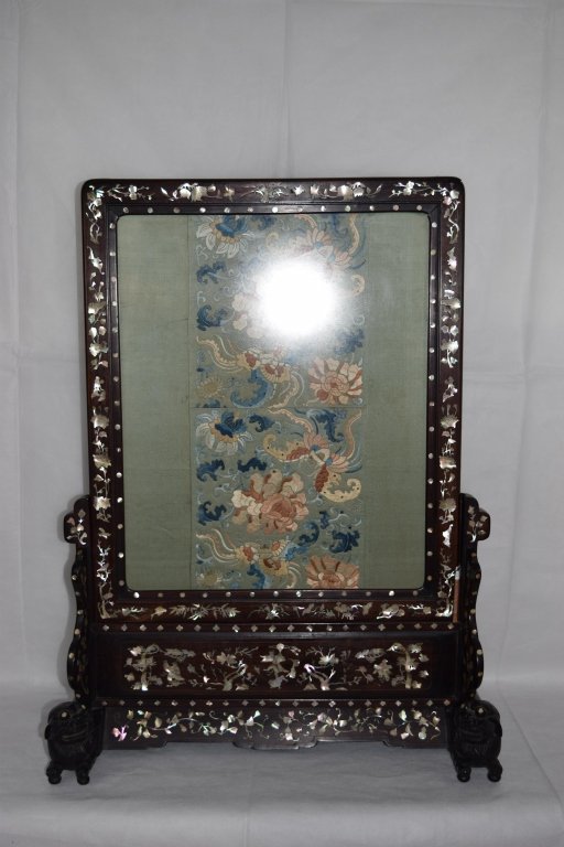 Chinese HongMu Inlaid Mother-of-Pearl Table Screen: Beautiful embroidery set in Hongmu wood frame with mother-of-pearl inlaid decoration. 19th century. Height: 30in. Width: 21in. Condition: Age wear