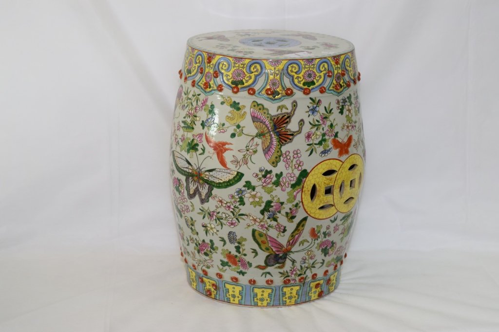 Chinese Famille Rose Butterflies Garden Seat: Beautifully painted butterflies and flowers. H: 18.5in.