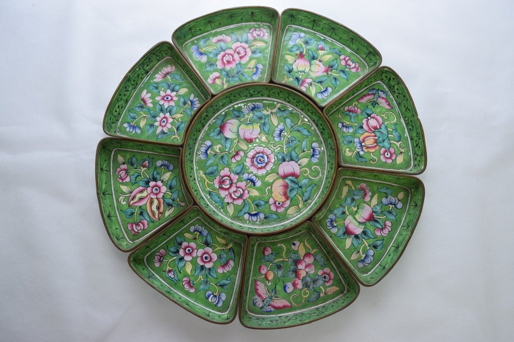 Set of 9 Chinese Enamel over Bronze Snack Plates (1 of 2)