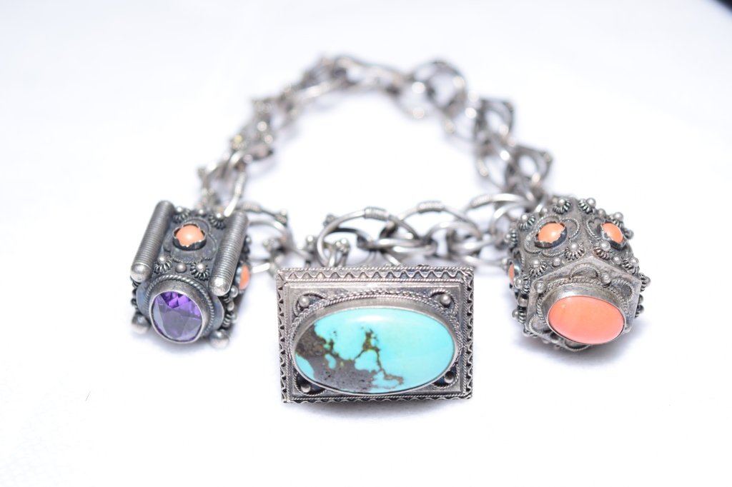 Chinese Tibetan Silver, Turquoise, Coral Bracelet (1 of 3)