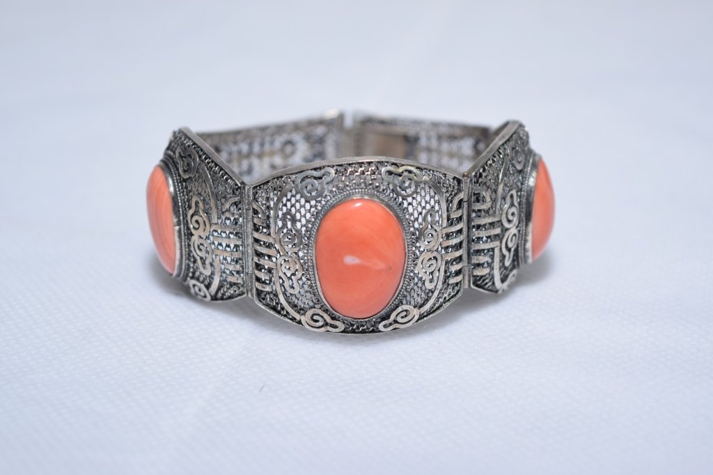 Chinese Silver Inlaid Coral Bracelet (1 of 6)