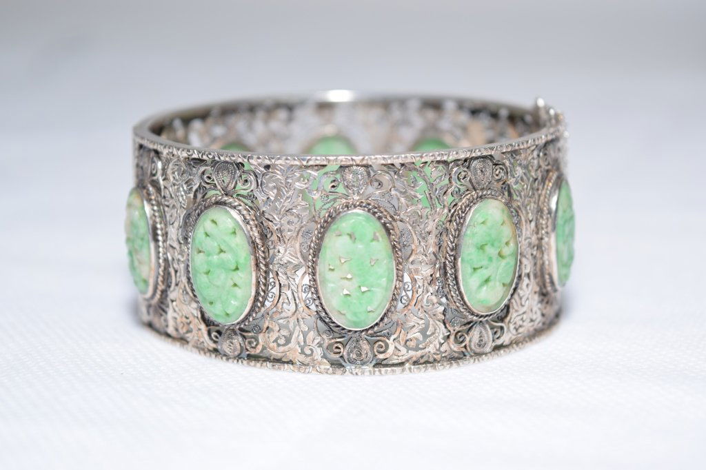 Chinese Silver with Inlaid Jadeite Bracelet (1 of 4)