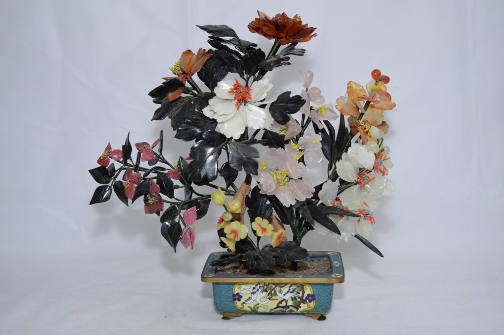 Chinese Jade Flower Tree in Cloisonne Planter (1 of 4)