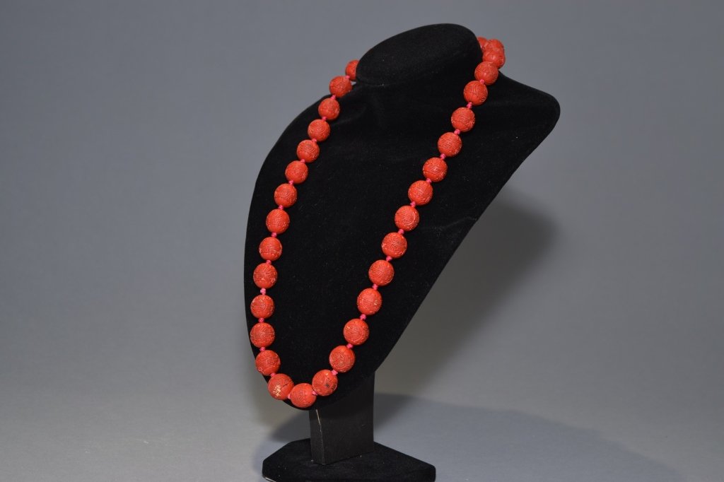 Chinese Cinnabar Carved Longevity Bead Necklace (1 of 2)