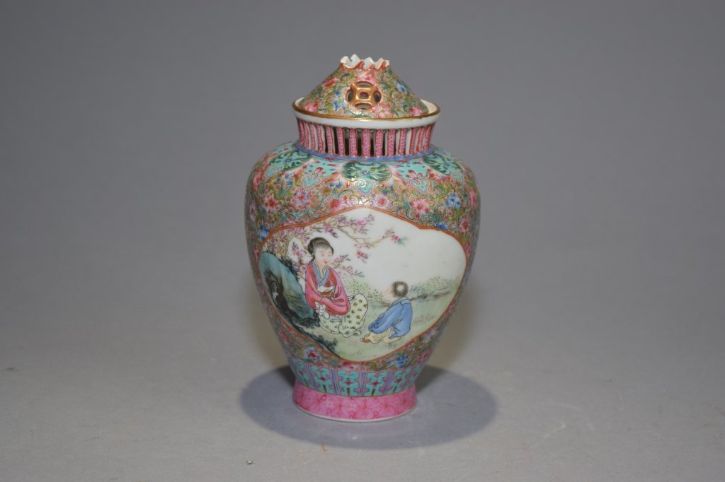 19th C. Chinese Famille Rose Covered Vase, Marked (1 of 8)
