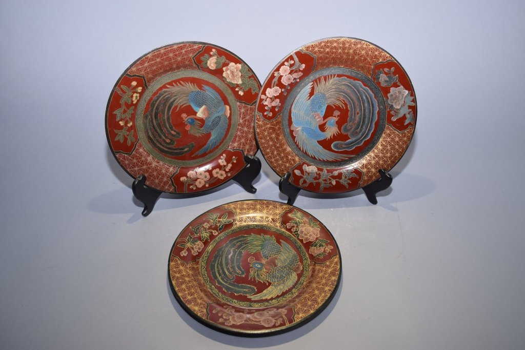 Three Chinese Gold over Lacquer Plates (1 of 6)