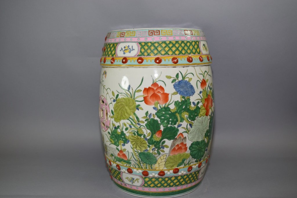 Chinese Famille Rose Garden Seat: Chinese famille rose garden seat. 18.5in. Age wear.