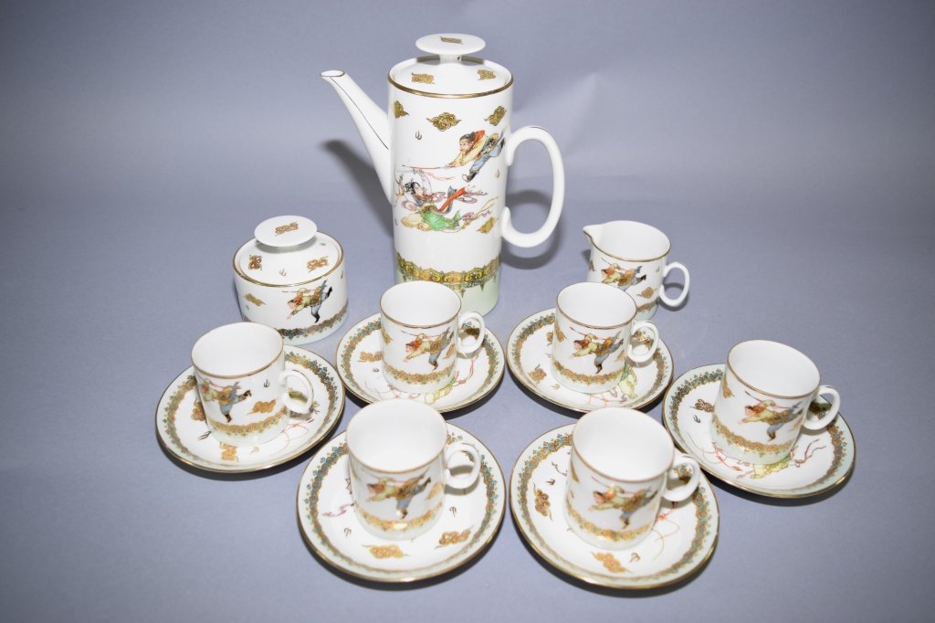 1970s-80s Chinese TangShan Made Coffee Set: 1970s-80s Chinese Tangshan made coffee set featuring the monkey king. Age wear.