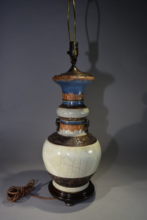 19th C. Chinese Multi-Colored Glaze Vase Lamp: 19th C. Chinese multi-colored glaze vase. Total H: 30in, Vase H: 17.5in. Old repair.