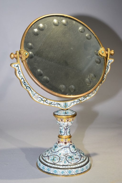 Chinese Cloisonne Table Mirror: Chinese cloisonne table mirror. H: 18in. Age wear.