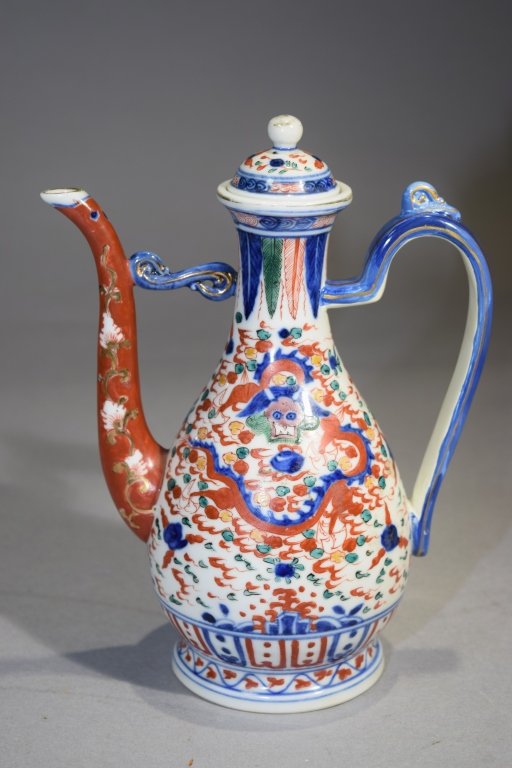 Ming/Qing WanLi Marking WuCai Wine Pot: Ming/Qing Wanli marking wucai wine pot with forward facing dragon on both sides. H: 8.25in. Old repair on handle.