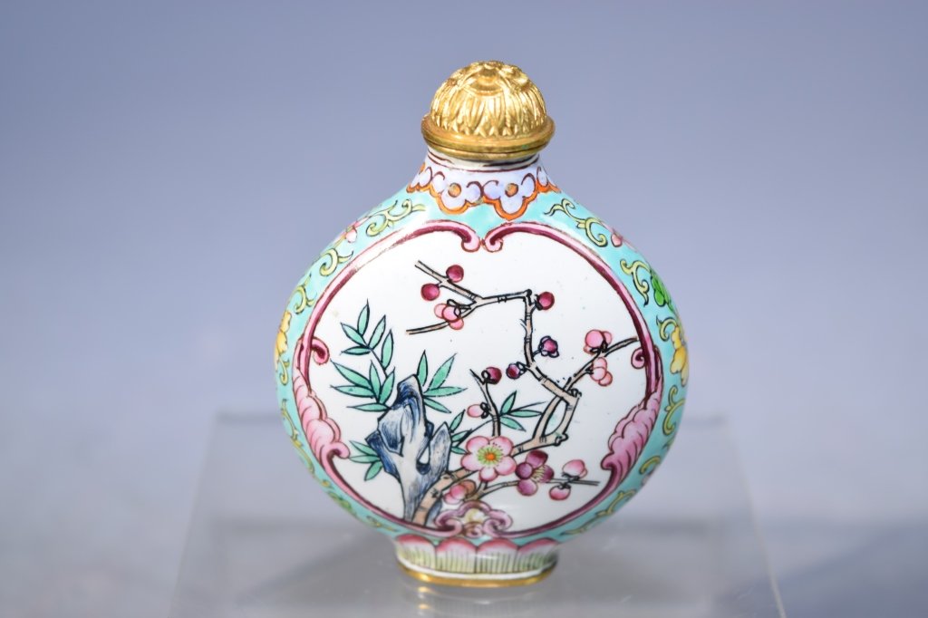 20th C. Chinese Enamel over Bronze Snuff Bottle (1 of 3)