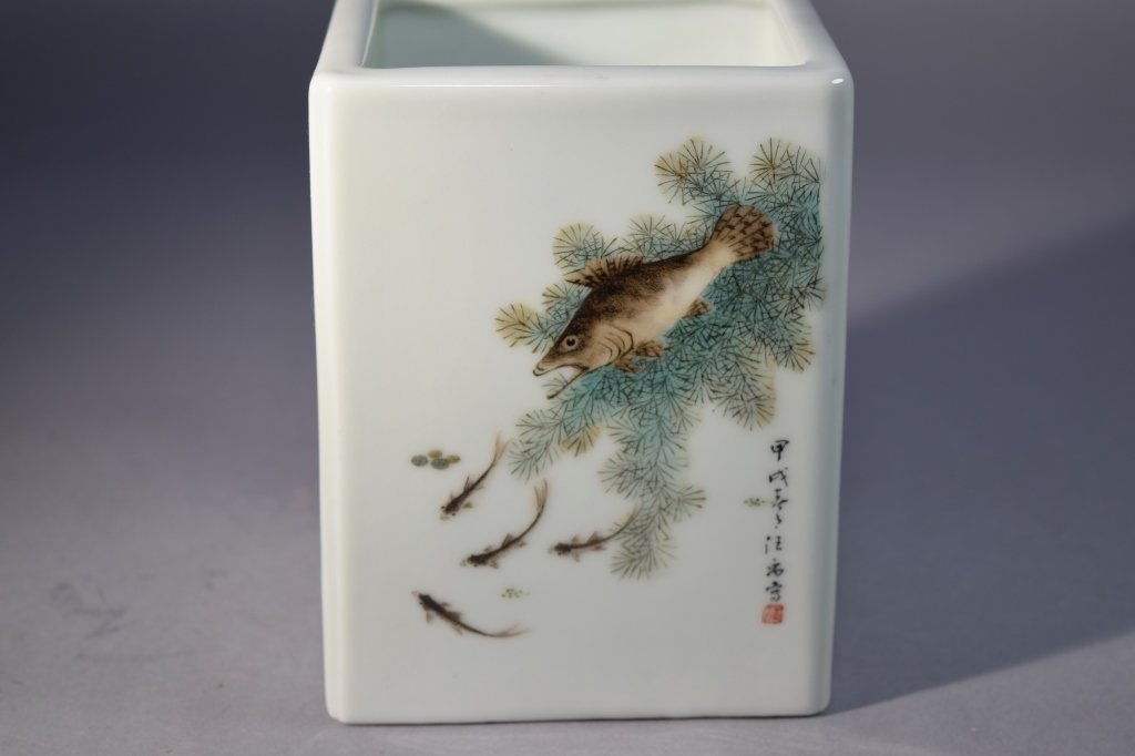 20th C. Chinese Famille Rose Square Brush Pot: 20th C. Chinese famille rose square brush pot with fishes and calligraphy. 5.5in by 4in. Age wear.