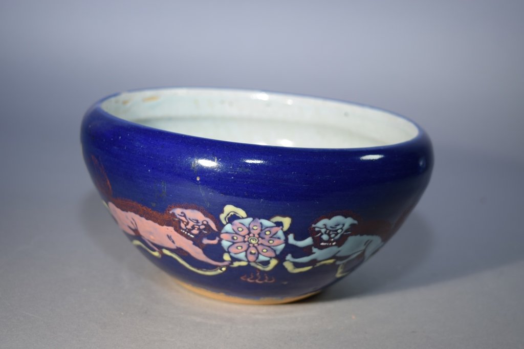 Qing Chinese Blue Glaze Famille Rose Incense Burne: Qing Chinese blue glaze famille rose incense burner. D: 8in. Age wear.
