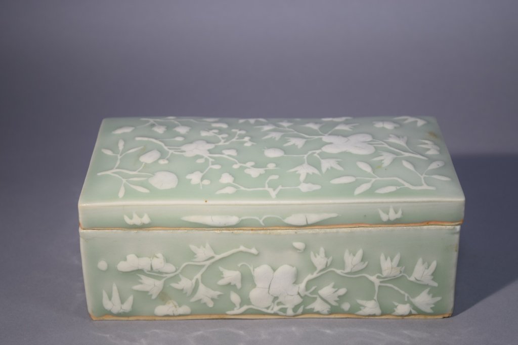 19th C. Chinese Pea Glaze Stationary Box: 19th C. Chinese pea glaze stationary box. 8in by 4in by 3in. Age wear.