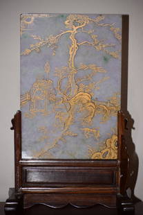 19th C. Chinese Jadeite Gold Painted Table Screen: 19th C. Chinese jadeite gold painted table screen. 8in by overall 13in. Age wear.