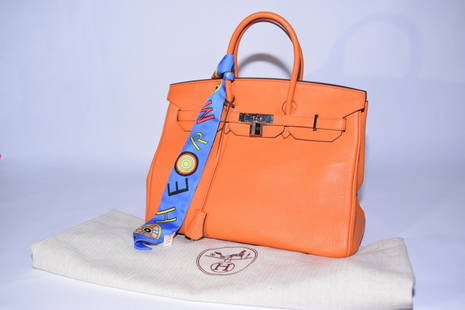 2010 Hermes Orange Epsom Leather Birkin Handbag: 2010 Hermes orange epsom leather Birkin handbag with silk alphabet scarf. Blindstamp N. Pristine condition with original cloth dustbag.