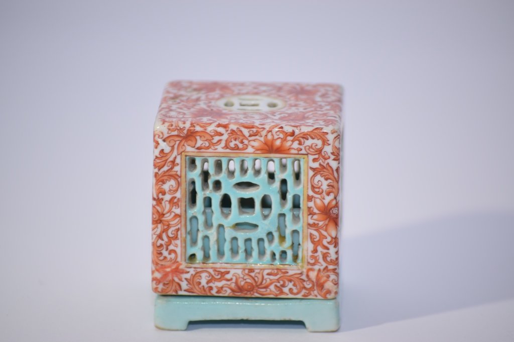 Qing Chinese Iron Red and Turquoise Glaze Incense: Qing Chinese iron red, gold, and turquoise glaze incense burner. 2in by 2in by 2 3/8in. Old repair.