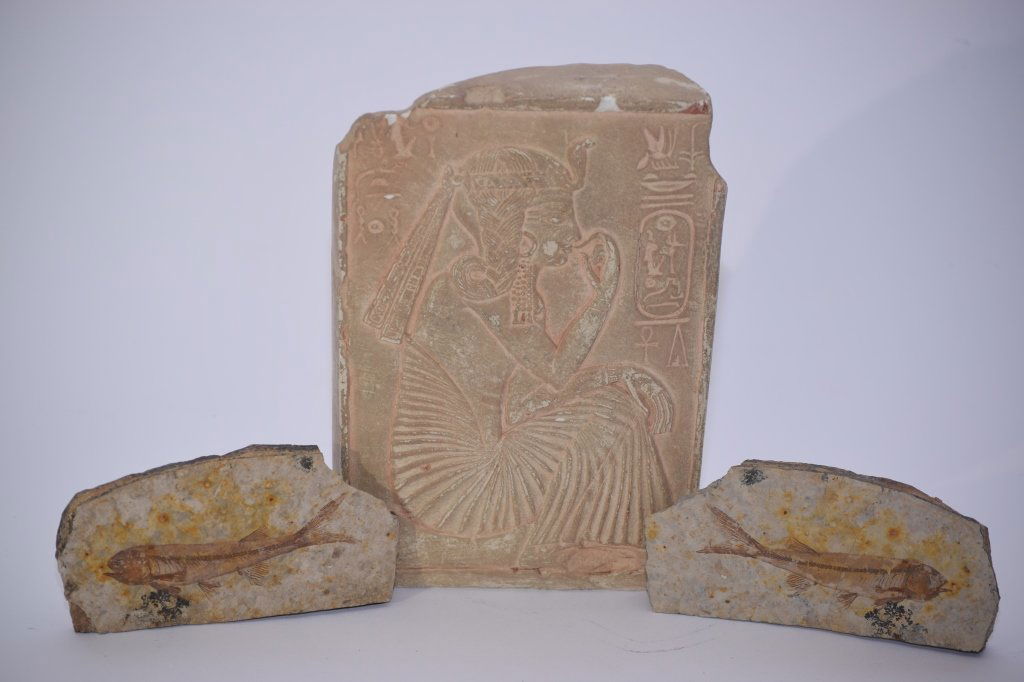 Decorative Egyptian Block and Two Fish Fossils (1 of 5)