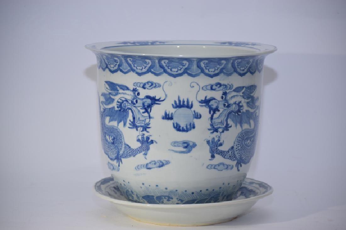 20th C. Chinese Blue and White Flower Pot: 20th C. Chinese blue and white flower pot. 10.5in. Age wear.