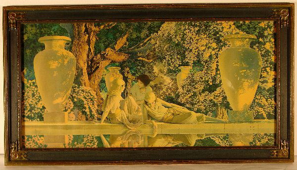 MAXFIELD PARRISH, lithograph: MAXFIELD PARRISH, lithograph, "Garden of Allah", 30" x 15" h., monogrammed in print, (orig. frame). CONDITION: Slight sun fading. Print is slightly wavy. Normal wear to the frame.