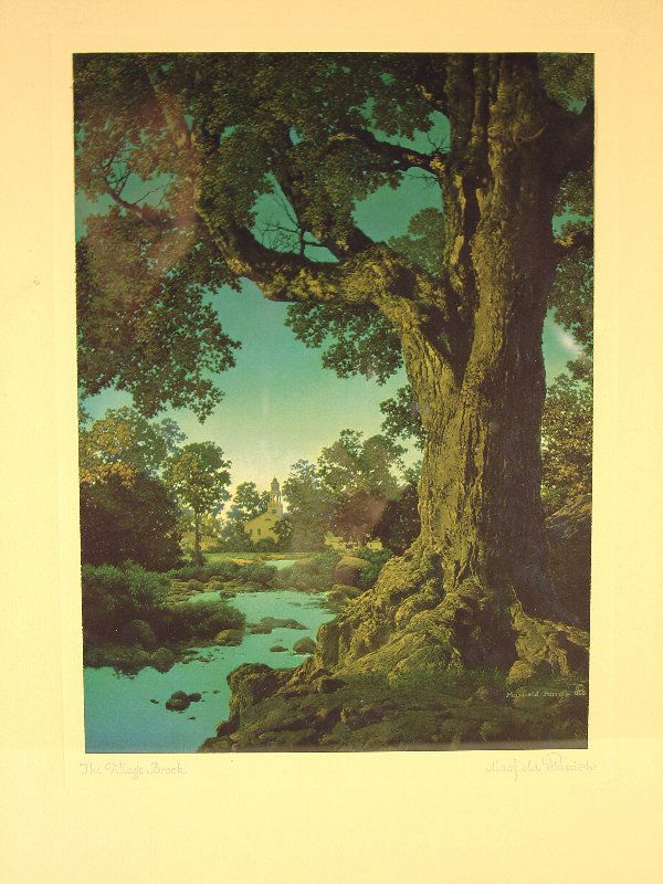 MAXFIELD PARRISH, lithograph: MAXFIELD PARRISH, lithograph, "The Village Brook", 8" x 10 ¾" h. CONDITION: No damage found. Period frame overpainted