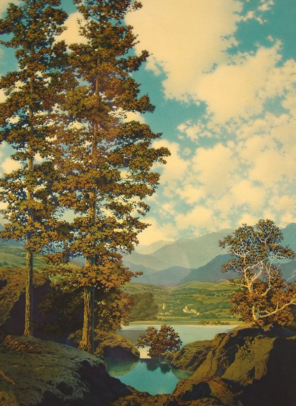 MAXFIELD PARRISH, lithograph: MAXFIELD PARRISH, lithograph, "The Templed Hills" 8" x 10 ¾" h. CONDITION: No damage found. Period frame overpainted