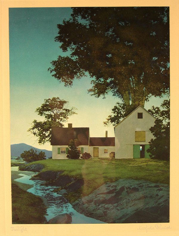 MAXFIELD PARRISH, lithograph: MAXFIELD PARRISH, lithograph, "Twilight", 8" x 10 ¾" h. CONDITION: No damage found. Period frame overpainted