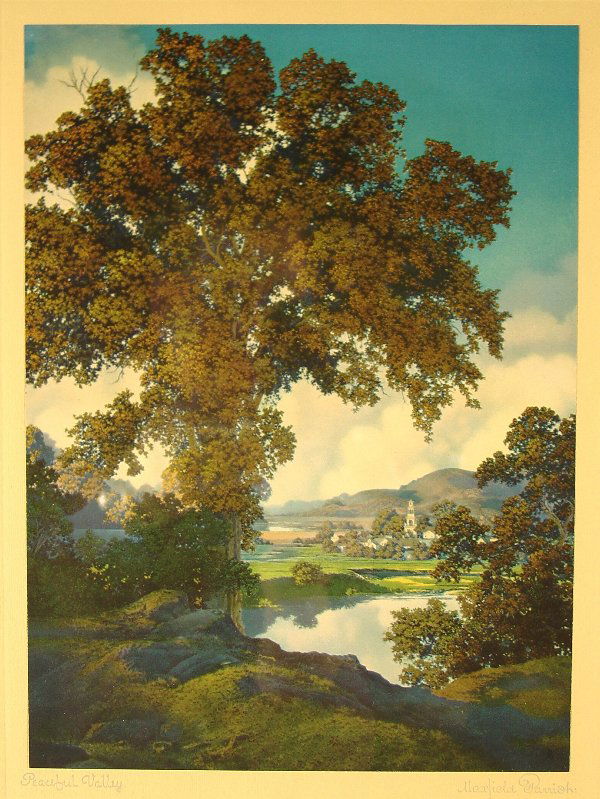 MAXFIELD PARRISH, lithograph: MAXFIELD PARRISH, lithograph, "Peaceful Valley", 8" x 10 ¾" h. CONDITION: No damage found. Period frame overpainted.