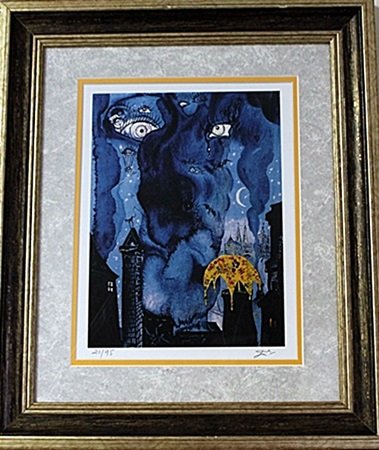 Framed Salvador Dali-The Sandman Lithograph: Salvador Dali, The Sandman numbered and signed Lithograph from Hans Christian Andersen Tales. Hans Christian Anderson’s Fairy Tales are illustrated in color lithography after gouaches by Dali comes 