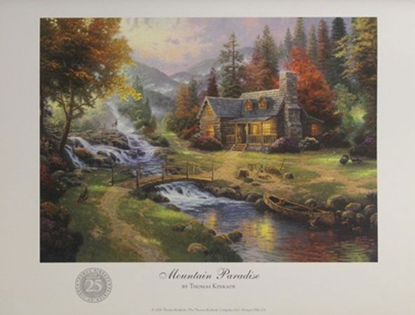 Print "Mountain Paradise" after Thomas Kinkade (215A): Print, Bearing an Interpretive Signature of the Artist, Size Approx. 11" x 14" In. Thomas Kinkade (January 19, 1958 – April 6, 2012)[2][3] was an American painter of popular realistic, bucolic, and