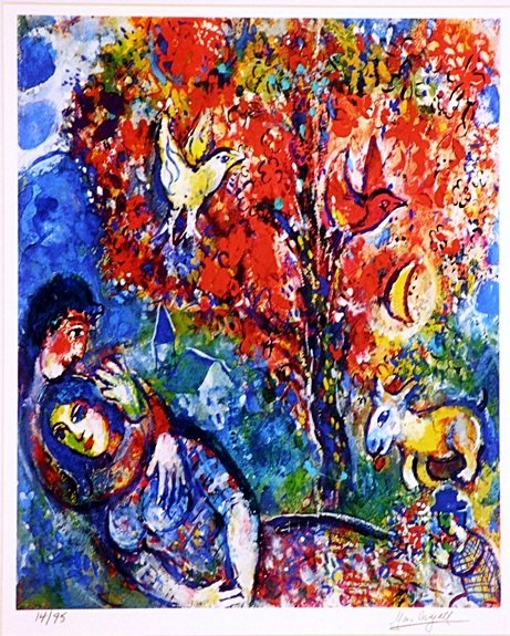 Marc Chagall - The Lovers: Marc Chagall Lithograph, "The Lovers". approx. size 20"x16".