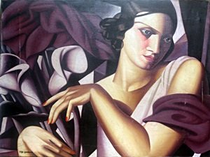Self Portrait of Bella Raisa - Tamara De Lempicka: Hand Signed Oil Painting on Stretched Canvas, Hand Signed Lower Left Corner, Size Approx. 24 x 32 Inches