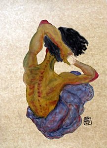 Nude Girl Seated Backwards-Gouache on paper by Egon: Gouache on paper, hand signed, approx. size 20x14 in.