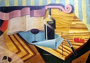 Still Life With Violin - Oil on Canvas - Juan Gris: Hand Signed, Oil Painting on Canvas, (Canvas is attached to Masonite board) Signed Lower Right Corner, Size Approx. 19 1/2 x 27 Inches
