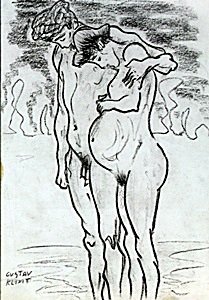 The Lovers - Drawing - Gustav Klimt: Drawing on Paper, Hand Signed, Size Approx. 12 x 8 1/2 Inches