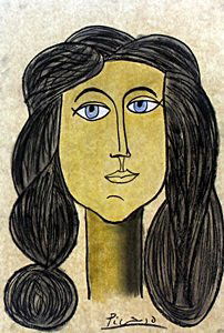 Head of a Woman - Pastel Drawing - P. Picasso: Pastel Drawing on Paper, Hand Signed and Dated, Approximate size: 19 x 13 Inches