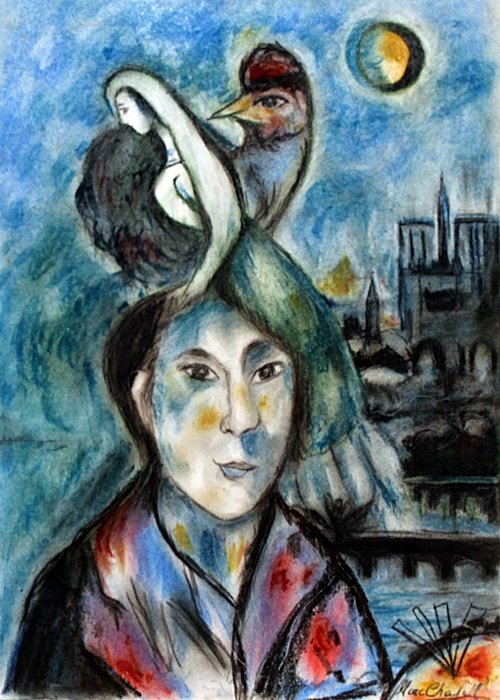 The lovers 1964' - Pastel Drawing - Marc Chagall: Pastel Drawing on Paper, Hand Signed, Size Approx. 19 x 13 Inches