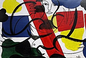 Untitled 1951' - Oil - Fernand Leger: Oil Painting on Paper, Hand Signed, Size Approx. 19 x 13 Inches