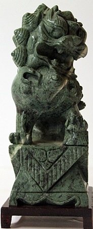 Siberian Jade Sculpture with Wooden Base: Siberian Jade "Foo Dog" Sculpture with Painted Cherry Wood Base, Size Approx. 9" x 4" x 4" in.