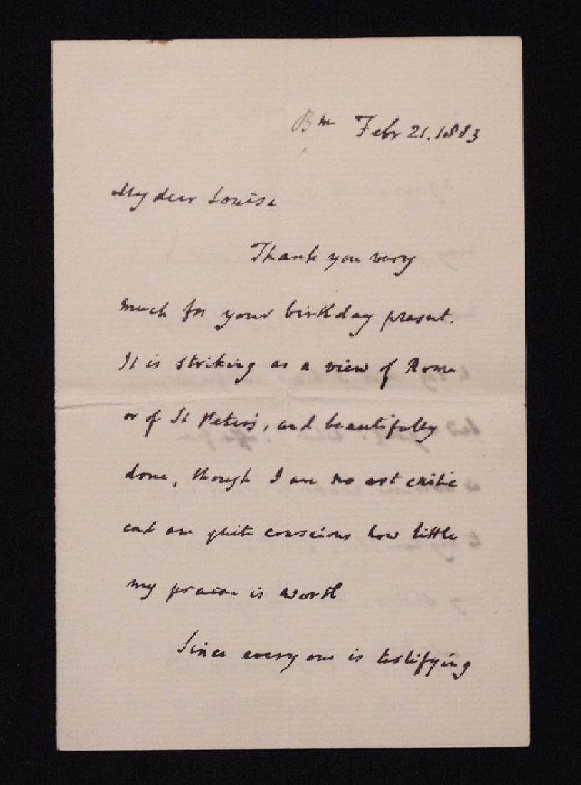 (Cardinal) John Henry Newman, Letter Signed: Cardinal John Henry Newman (1801-1890). Autograph letter signed by Newman. 3 p., 1 p. 6" x 4". Feb. 21, 1883. Creases as folded, small stain to margin of final leaf from paper-clip. ******************