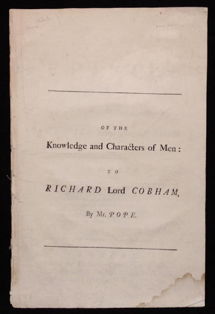 Pope. An Epistle toâ€¦ Cobham, 1733: Pope, Alexander. AN EPISTLE TO THE RIGHT HONOURABLE RICHARD LORD VISCT. COBHAM. London: for Lawton Gilliver, 1733. Folio, [4], 13, [3] pp., with half-title and ad leaf. Disbound, some light dusting to