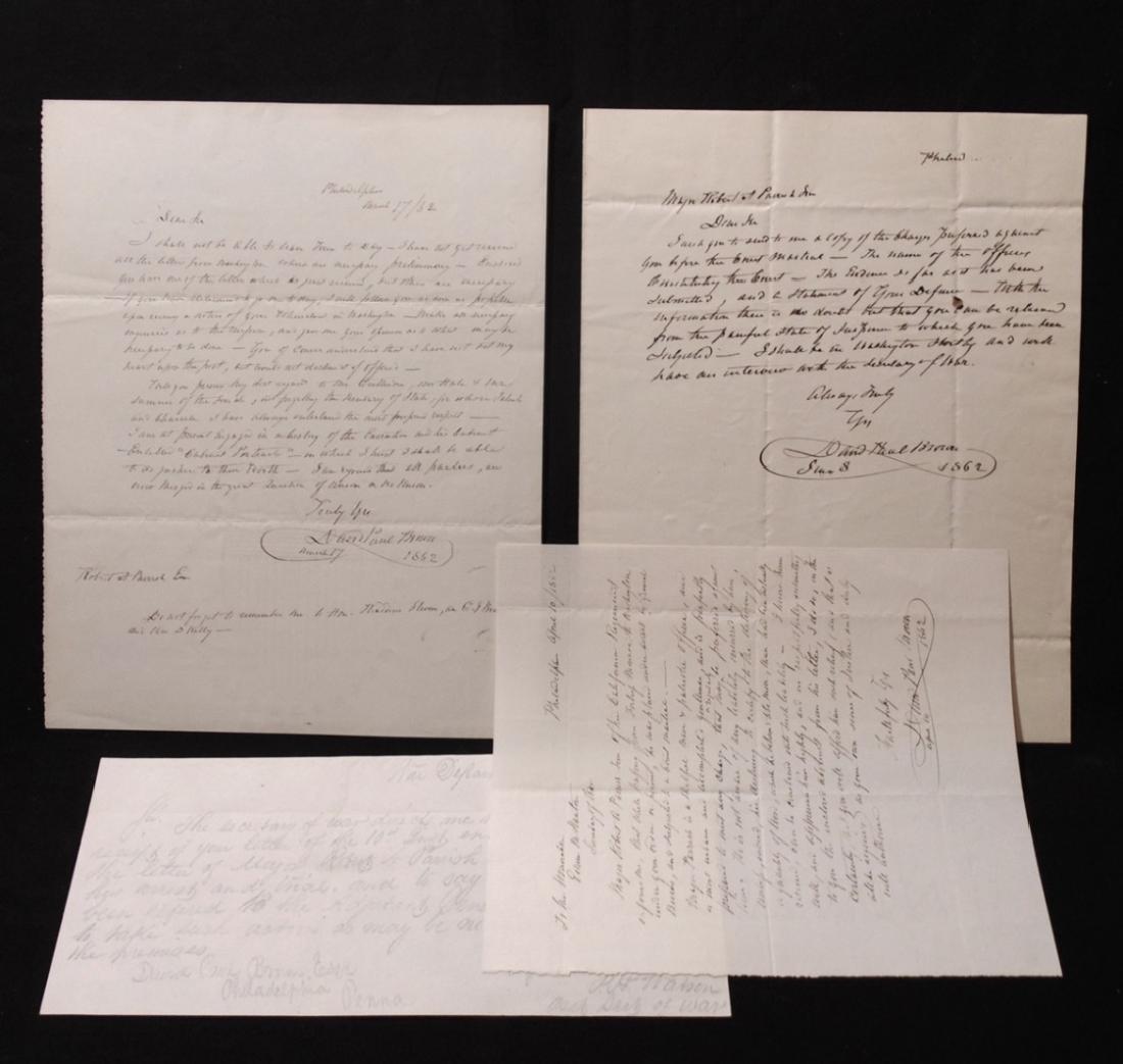 [Civil War, California Regt., Court Martial]: Group of 4 manuscript letters, three of which are from David Paul Brown (Abolitionist, lawyer), and the other being a reply to David Paul Brown from Peter H. Watson (Assistant Secretary of War.) Brown