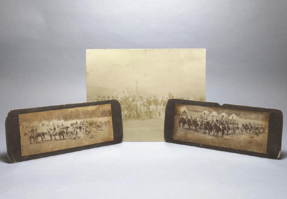 [U.S. Military Photography] 19th c.: Group of 3 photographs depicting U.S. military. The larger of the three is noted on the rear (in pencil) as being the 8th Cavalry H.Q. Camp at Hot Springs. The other two seem to depict a military form