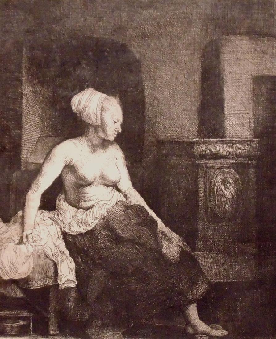 Rembrandt. Woman Sitting by Stove, 1658: Rembrandt Harmensz. van Rijn. WOMAN SITTING HALF DRESSED BESIDE A STOVE. 1658. Etching. Plate: 226 x 187mm (8 7/8" x 7 1/4"), a well-inked impression. "Rembrandt (2 Etat)" lightly penciled to lower ma