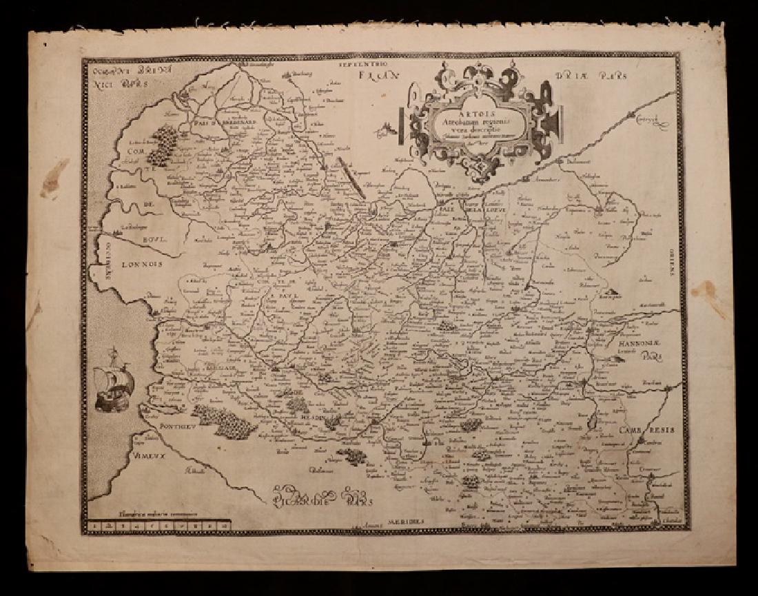 [Map of France] De Jode, 1593: [De Jode, C.] "Artois Atrebatum regionis vera descriptio…" [Antwerp, 1593]. 46.7 x 36.8cm. On laid paper with watermark. A few stains to margins, tiny pin-hole near center, faint vertical crease to 