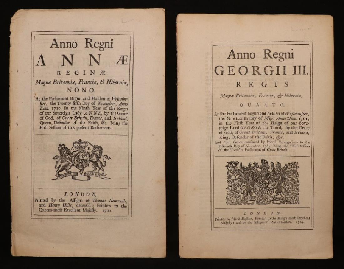 [American Hemp, Timber] Pair of 18th c. Acts: Pair of British 18th c. Acts, including: ** AN ACT FOR GRANTING A BOUNTY UPON THE IMPORTATION OF HEMP… FROM HIS MAJESTY'S COLONIES IN AMERICA. London, 1764. Folio, 8 pp. ** AN ACT FOR THE PRESERVATI