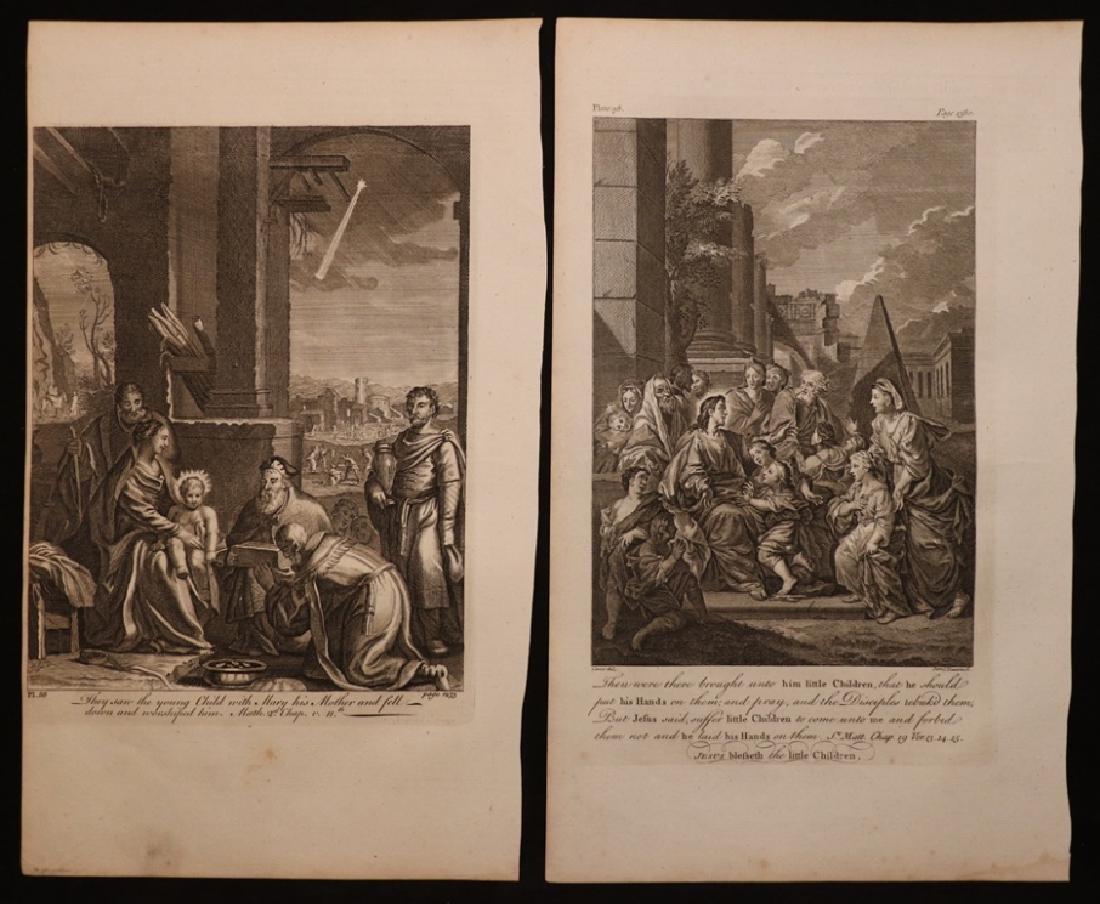 Collection of 18th c. Engravings, Biblical Scenes: Group of 6 engraved plates depicting various Biblical scenes. All early to mid 1700s, on folio leaves approx. 14.5" x 8.5". Some mild toning, foxing, or soiling. Likely taken from a folio edition of B