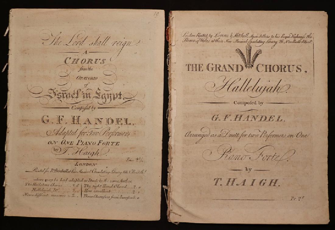 [Music] G. F. Handel, a Pair, Engraved Music: Including: ** Handel. THE GRAND CHORUS, HALLELUJAH. London: Lavenu & Mitchell, [ca. 1824]. Disbound folio, 7, [1] p. Toning, water-stain to title, Good+. ** Handel. THE LORD SHALL REIGN. London: Birch